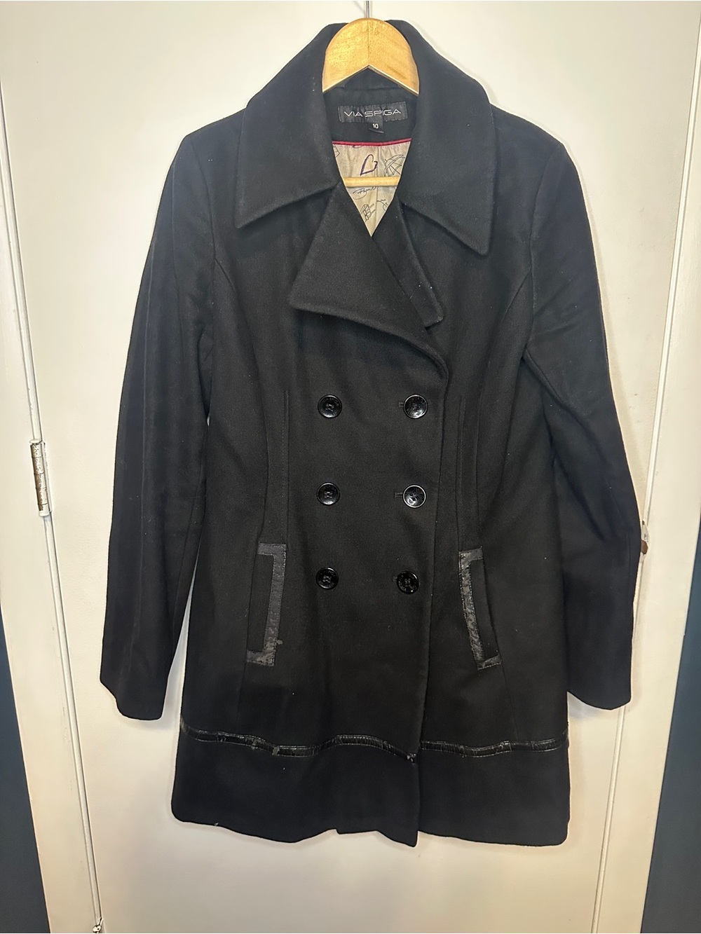 Via Spiga Black Double-Breasted Pea Coat